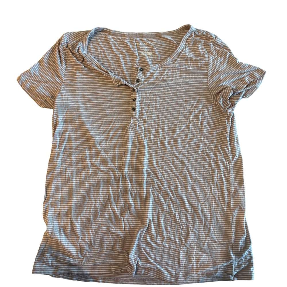 American Eagle Soft & Sexy Mauve Striped Henley Short Sleeve Top Medium